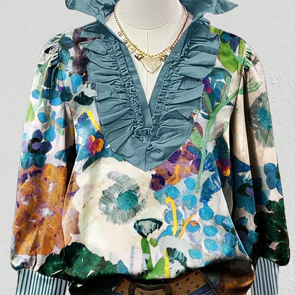 Multicolor Boho Women's Chic Floral Ruffled V-Neck Lantern Sleeve Blouse - Picture 5 of 5